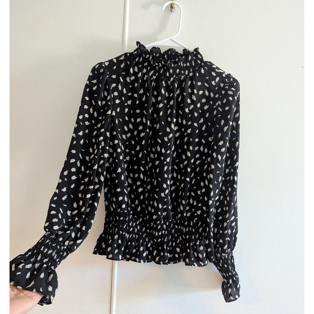 Meraki Black Speckled Mock Neck Blouse S Smocked Waist Cuffs office chic preppy